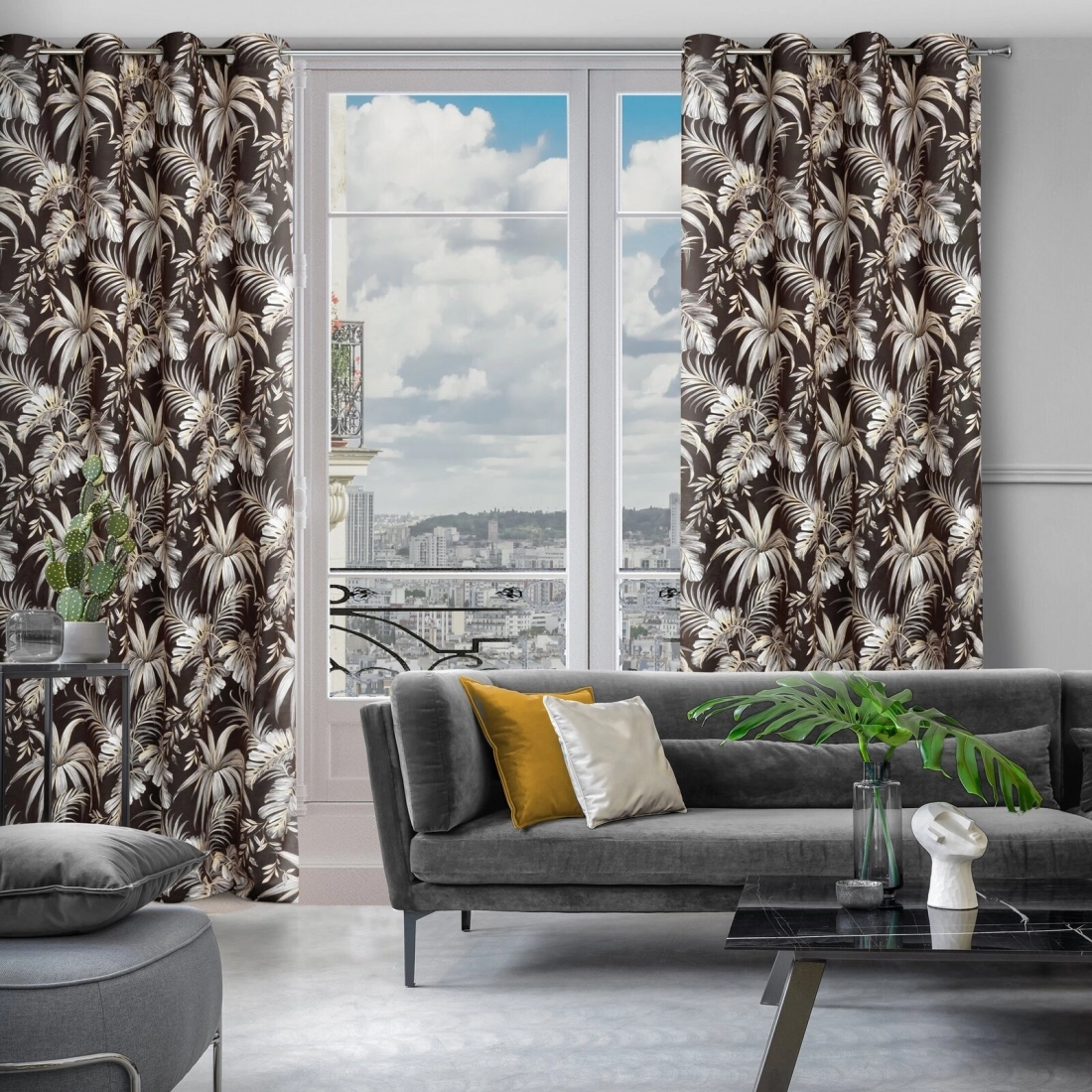 Závěs 140x250 cm sametový černo-béžový na kovových kroužcích MAGI