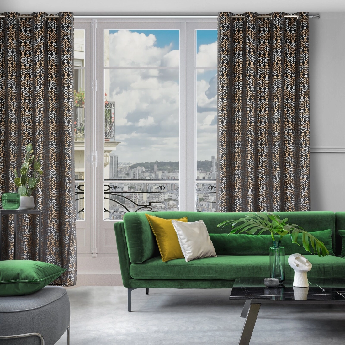 Záves 140x250 cm zamatový čierno-zlatý na kovové krúžky LAURA