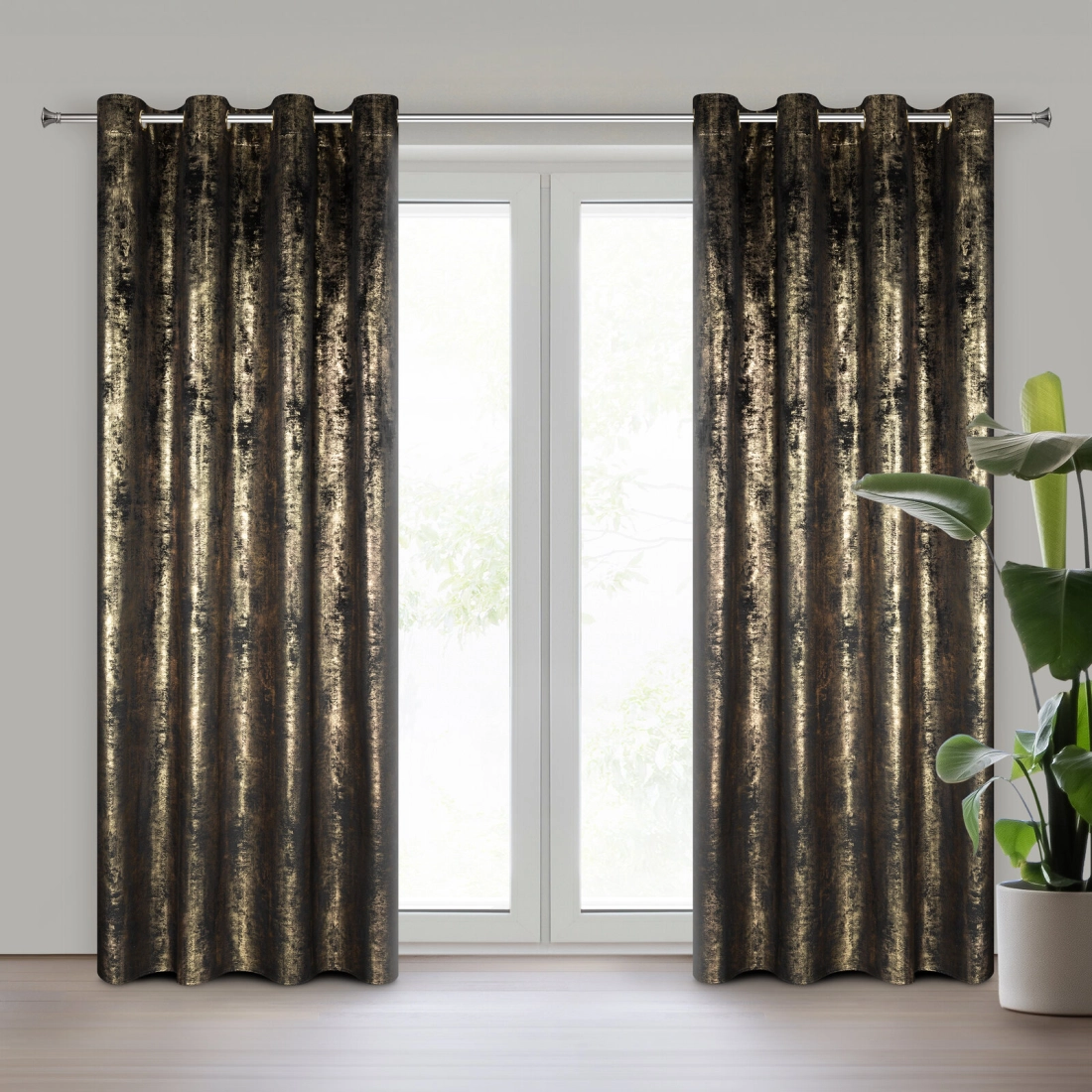 Záves 140x250 cm zamatový čierno zlatý na kovové krúžky RENIA