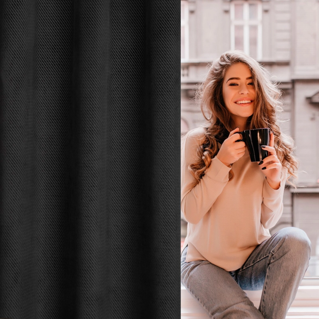 Závěs 140 x 250 cm sametový černý na kovových kroužcích ELIZA