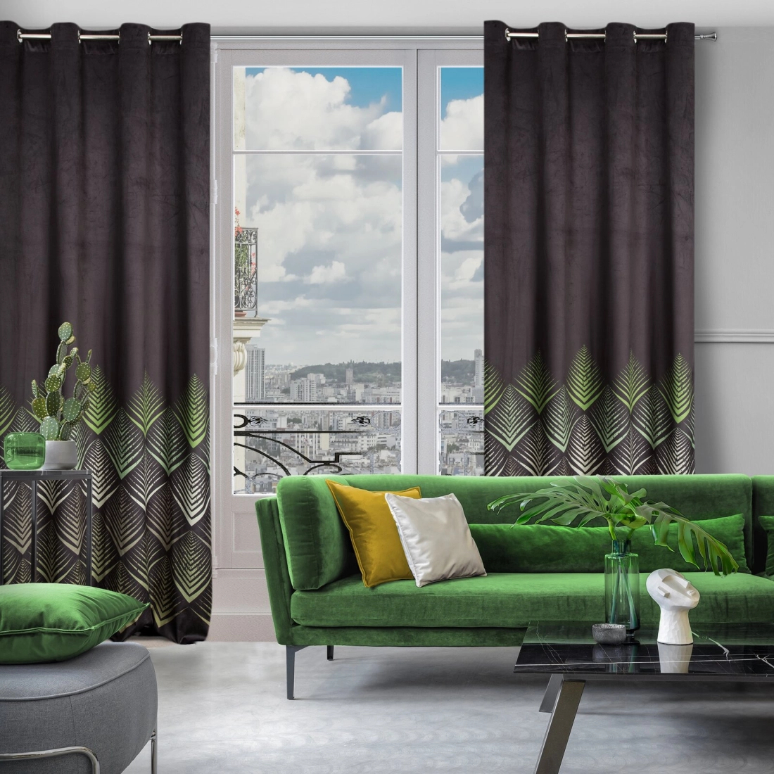 Záves 140x250 cm zamatový čierny, olivový na kovové krúžky ANGELINA