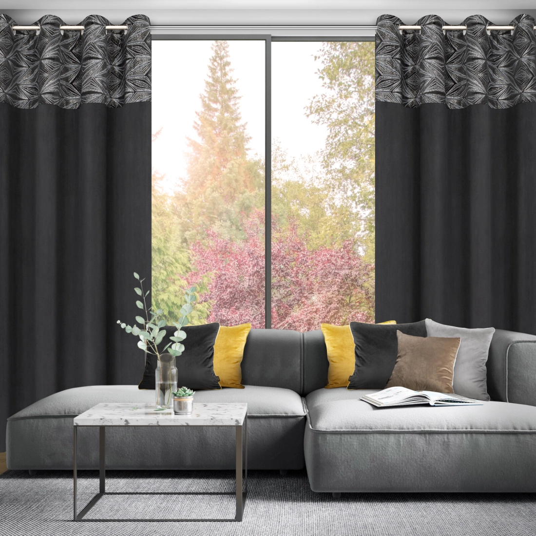 Závěs 140 x 250 cm sametový černý, stříbrný na kovové kroužky ARIANA