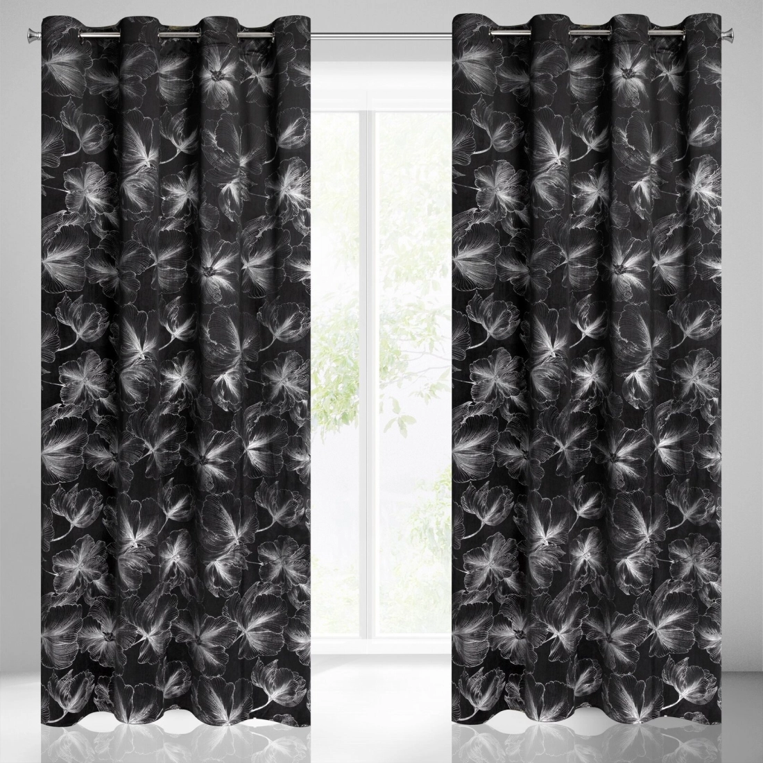 Záves 140x250 cm zamatový čierny strieborný na kovové krúžky STELLA