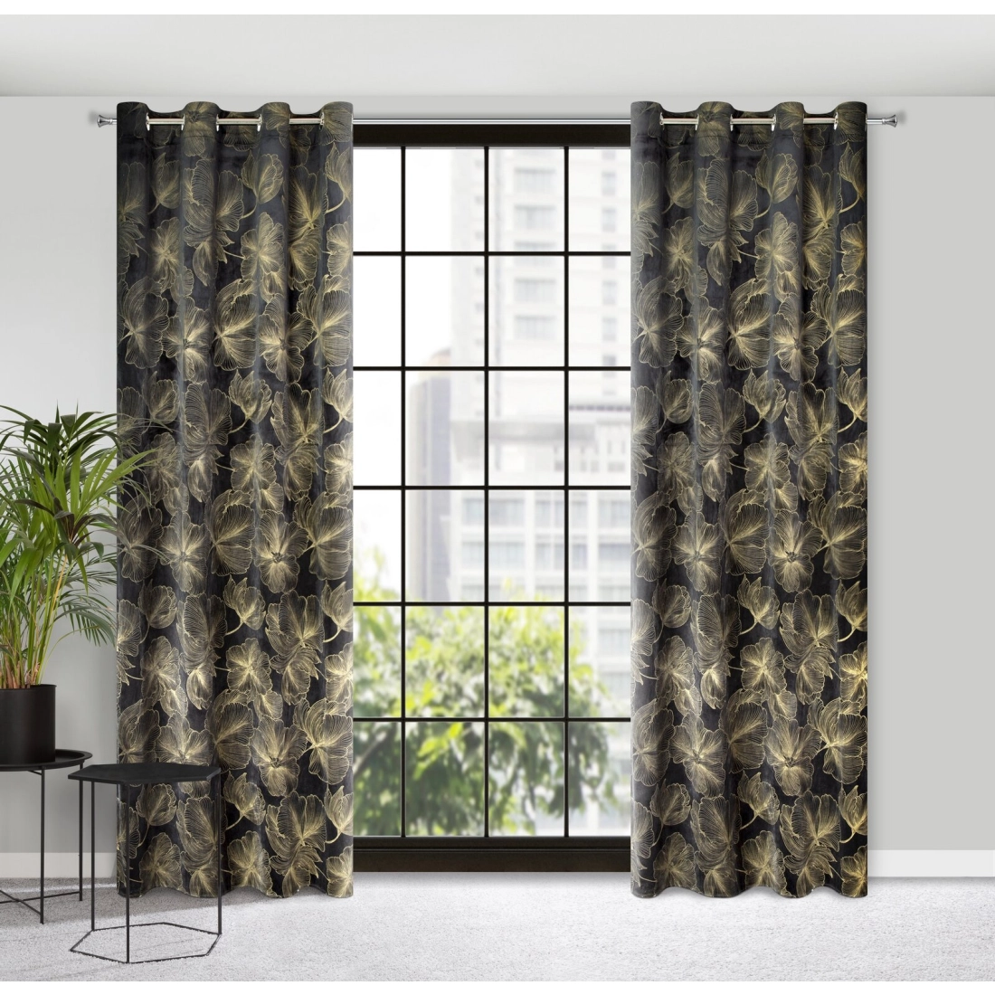 Záves 140x250 cm zamatový čierny zlatistý na kovové krúžky STELLA