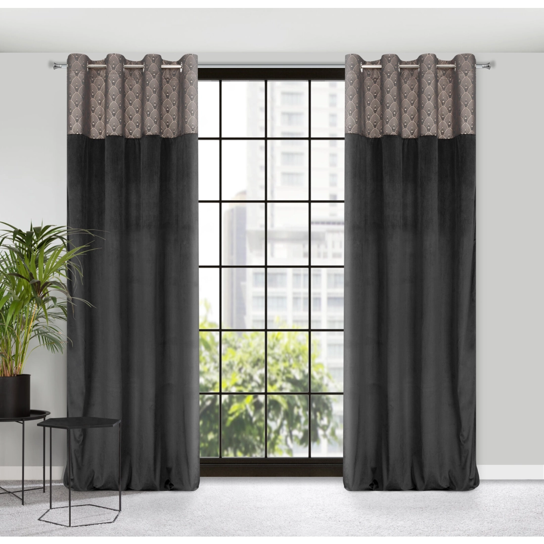 Záves 140x250 cm zamatový čierny zlatý na kovové krúžky AGNES