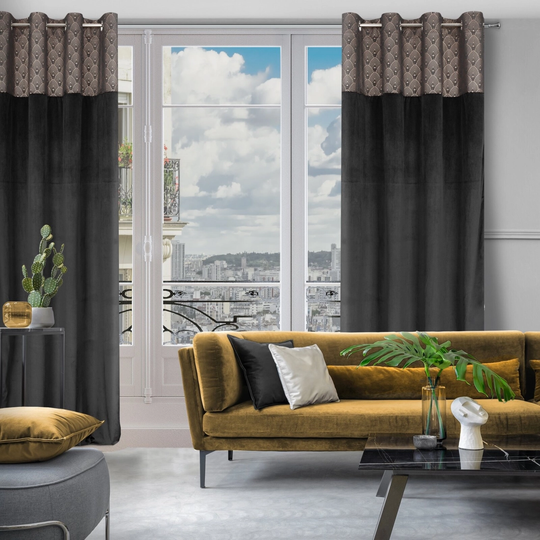 Záves 140x250 cm zamatový čierny zlatý na kovové krúžky AGNES