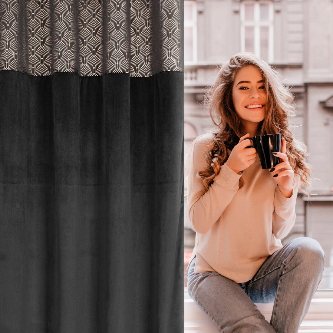 Záves 140x250 cm zamatový čierny zlatý na kovové krúžky AGNES