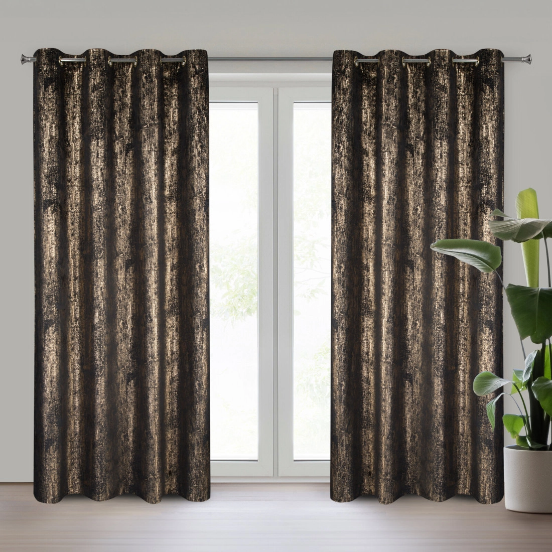 Záves 140x250 cm zamatový čierny zlatý na kovové krúžky DARA