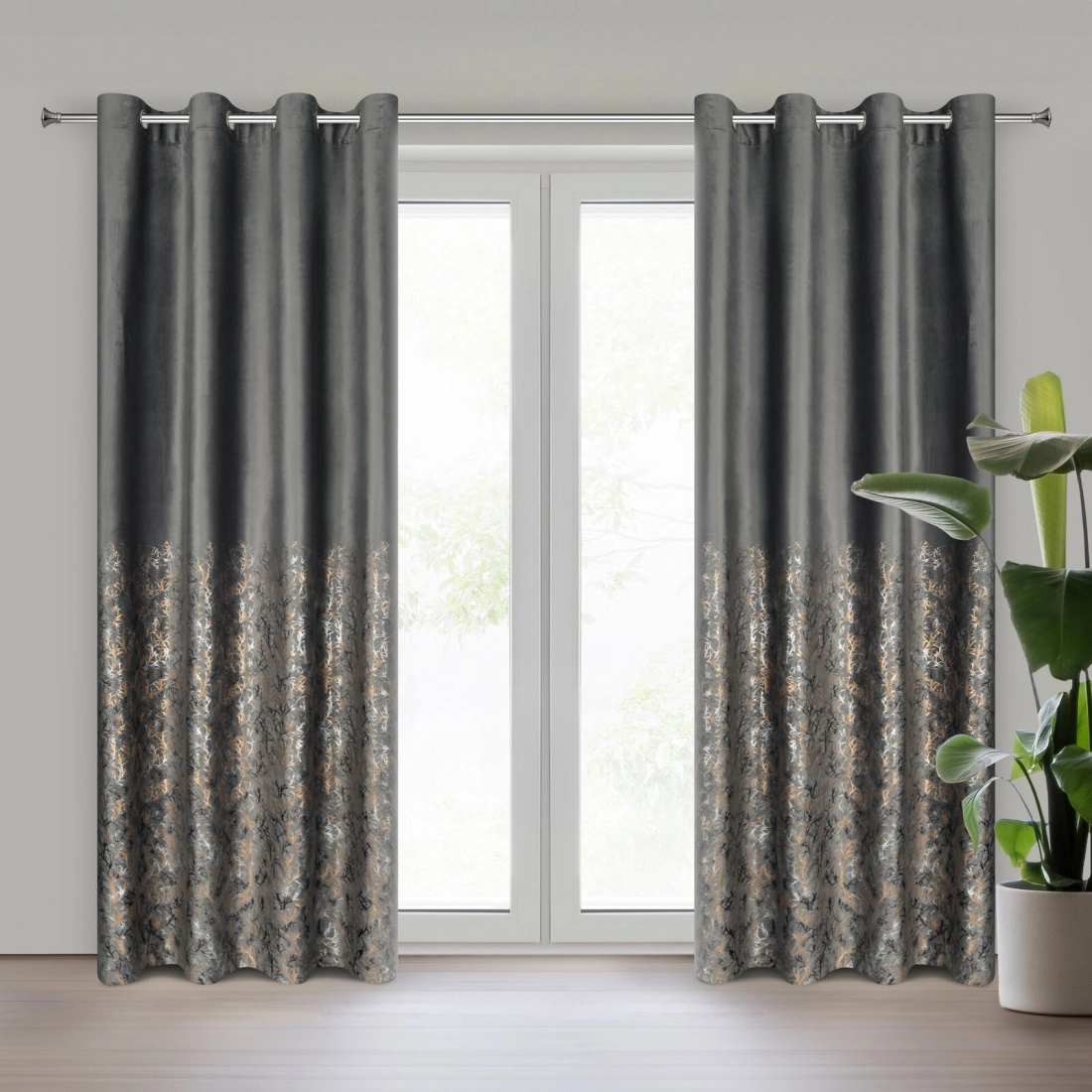 Závěs 140x250 cm sametový grafitový a šampaňský na kovové kroužky TORI