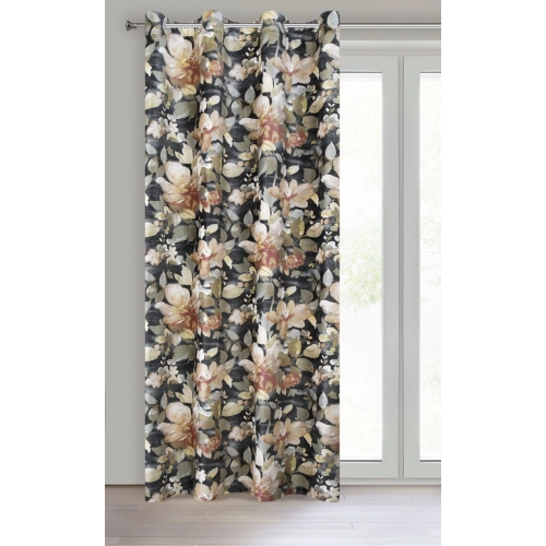 Záves 140x250 cm zamatový grafitový so zelenými kvetmi na kovové krúžky BETTY