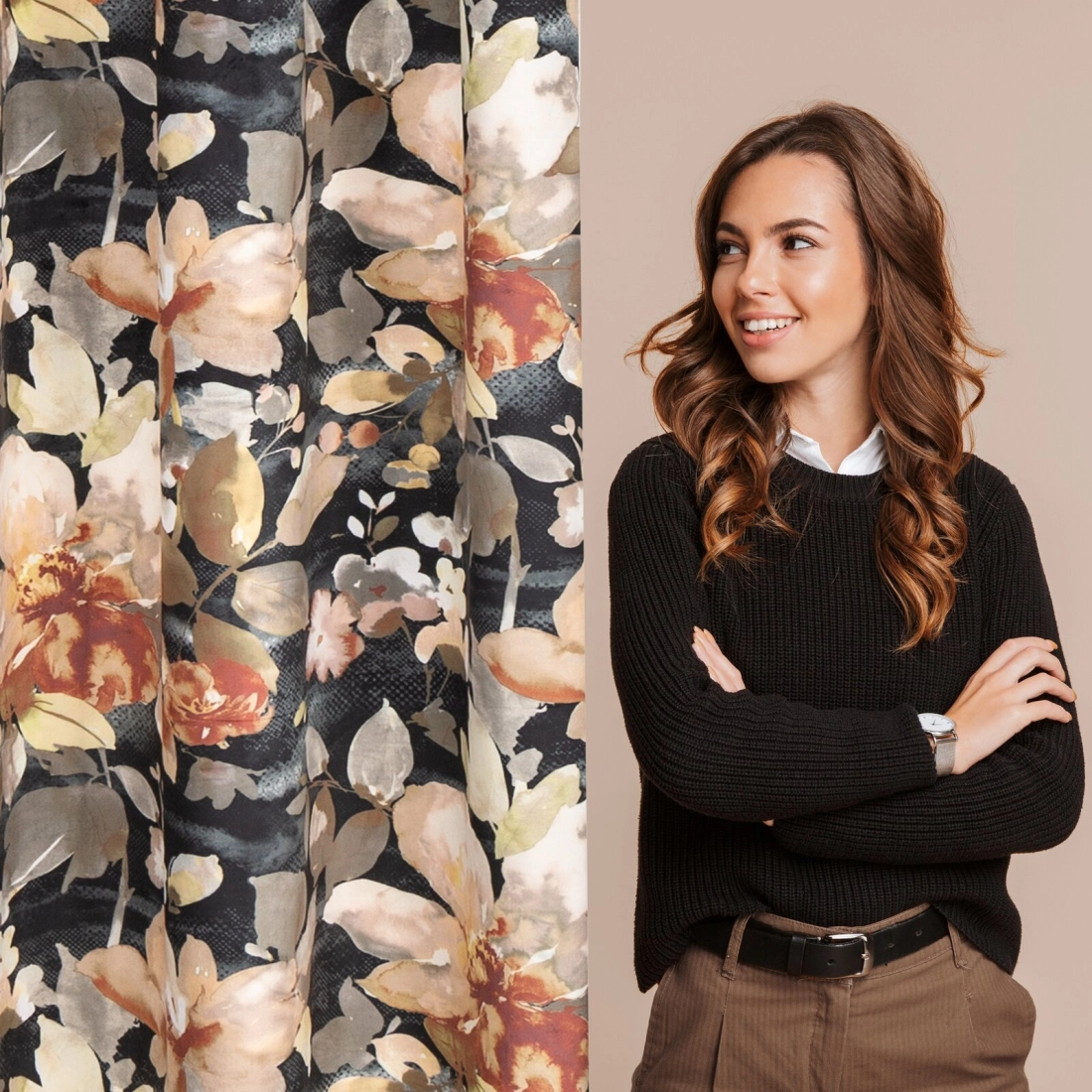 Záves 140x250 cm zamatový grafitový so zelenými kvetmi na kovové krúžky BETTY