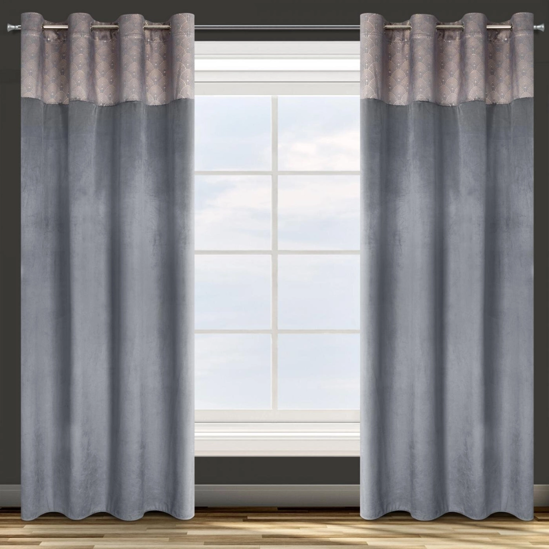 Záves 140x250 cm zamatový grafitový, zlatý na kovové krúžky AGNES Design 91