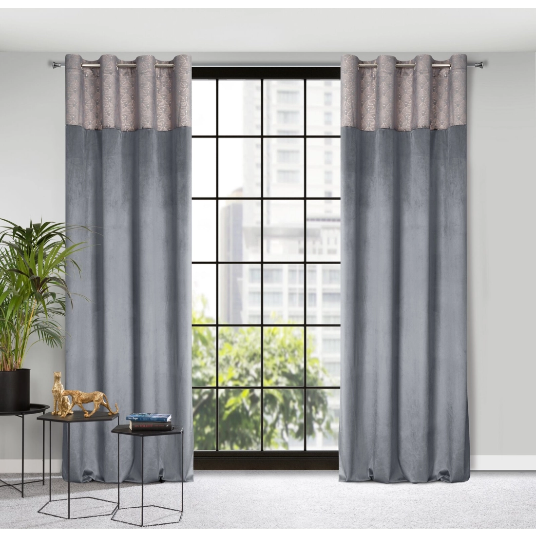 Záves 140x250 cm zamatový grafitový, zlatý na kovové krúžky AGNES Design 91