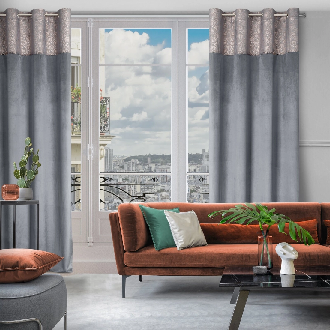 Záves 140x250 cm zamatový grafitový, zlatý na kovové krúžky AGNES Design 91