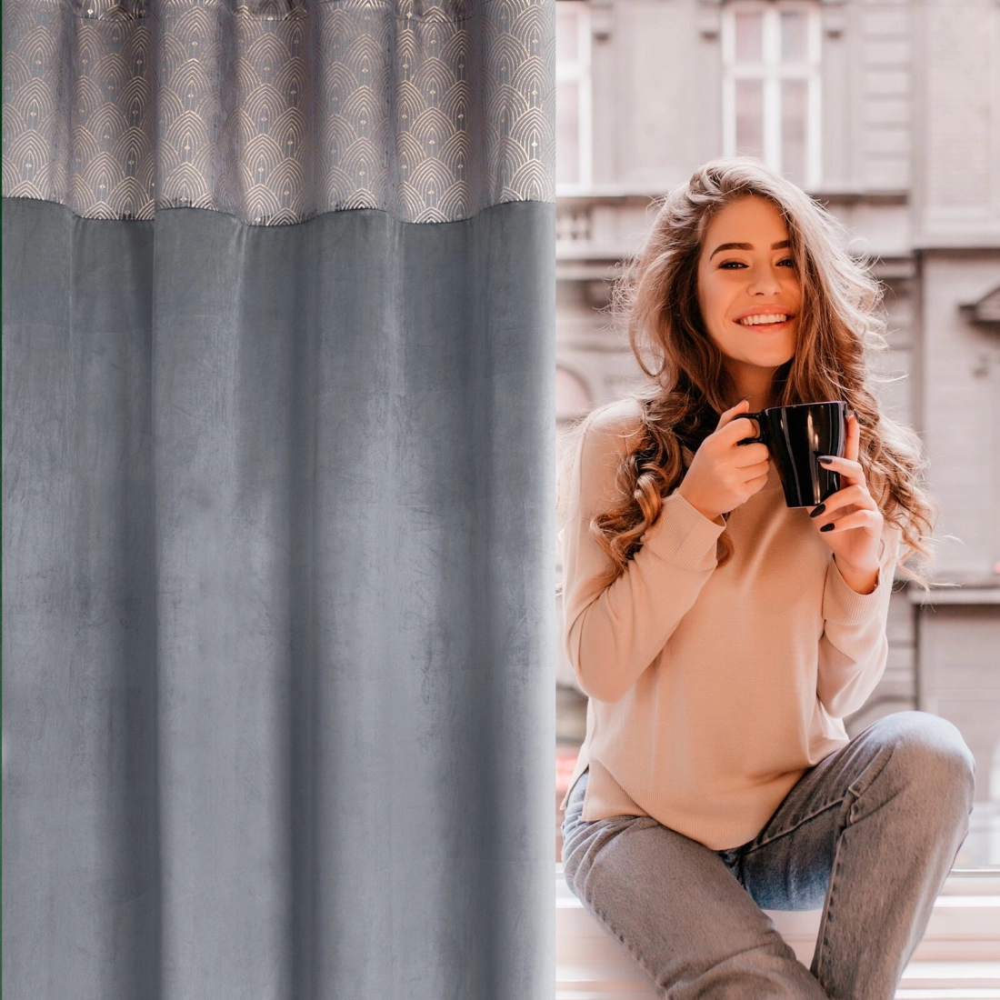 Záves 140x250 cm zamatový grafitový, zlatý na kovové krúžky AGNES Design 91