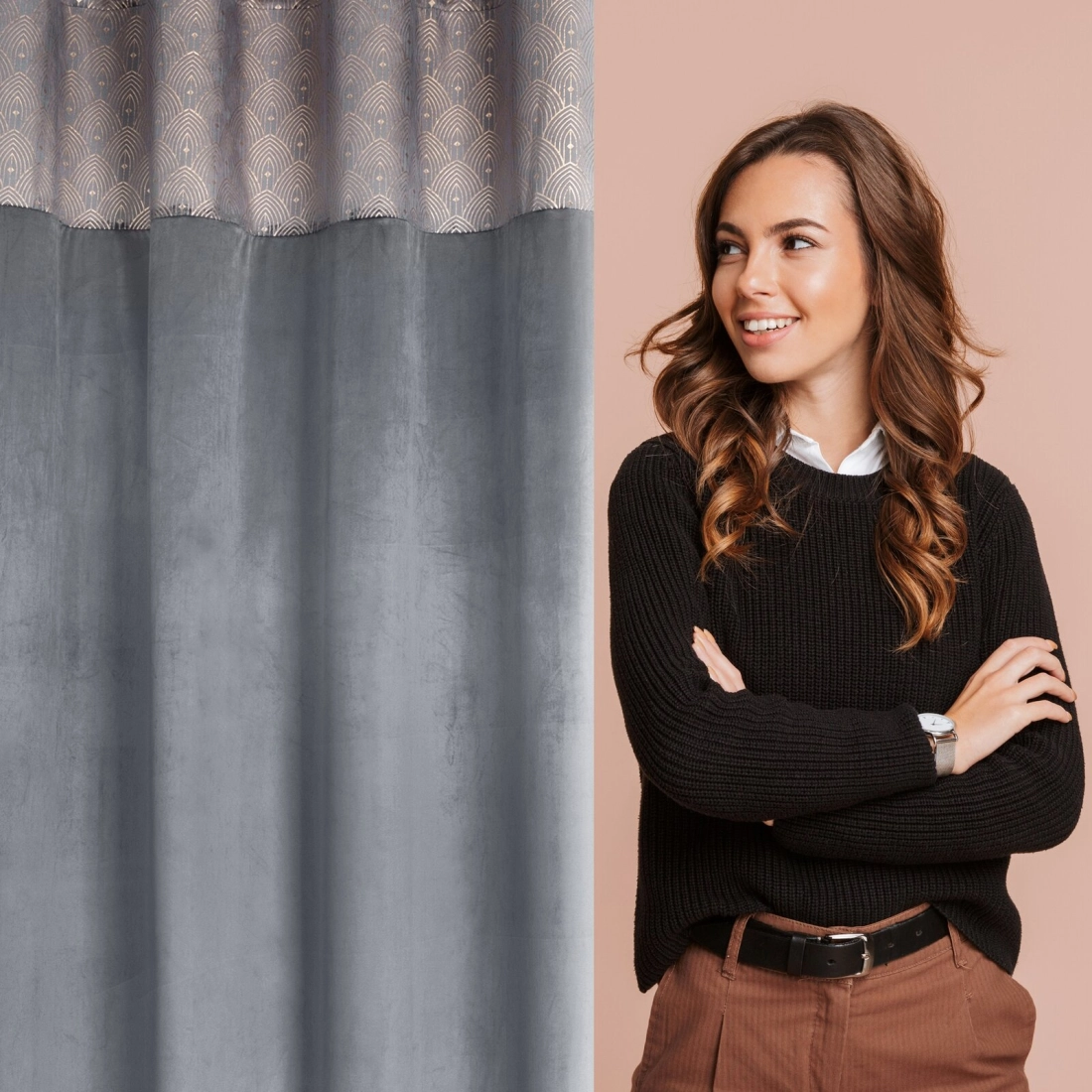 Záves 140x250 cm zamatový grafitový, zlatý na kovové krúžky AGNES Design 91