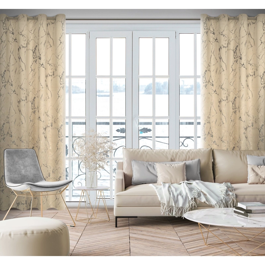 Záves 140x250 cm zamatový krémový grafitový na kovové krúžky WERA