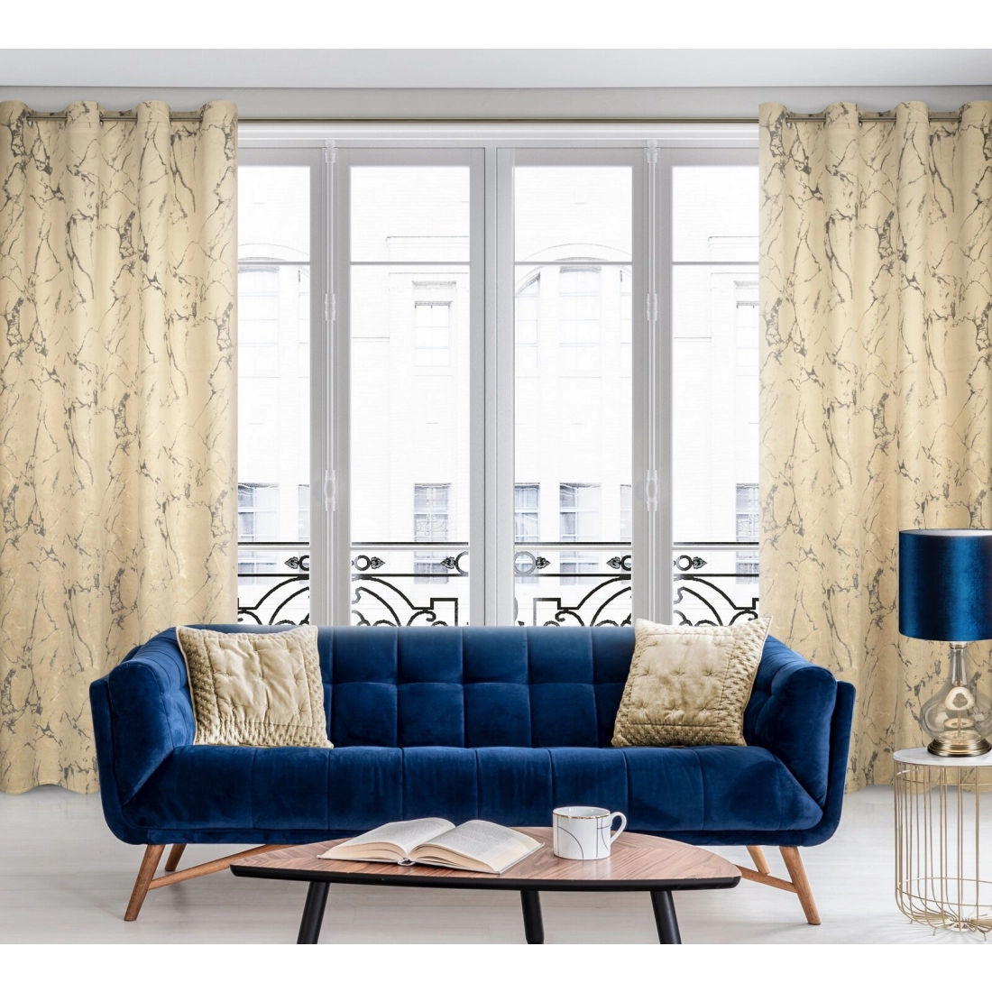 Záves 140x250 cm zamatový krémový grafitový na kovové krúžky WERA