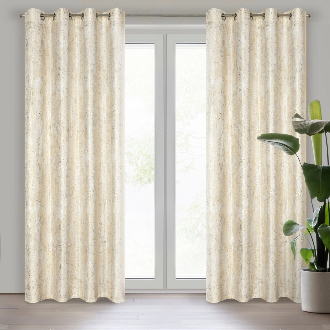 Záves 140x250 cm zamatový krémový so zlatým efektom na kovové krúžky MALIA