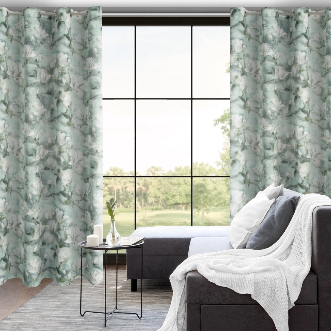 Záves 140x250 cm zamatový mätový, krémový na kovové krúžky GRACJA