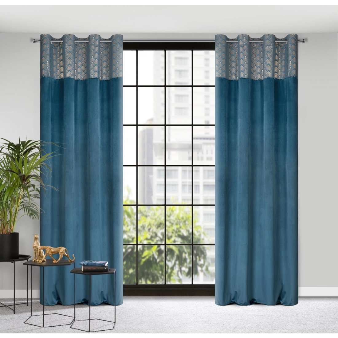 Záves 140x250 cm zamatový modrý šampanský na kovové krúžky ELEN