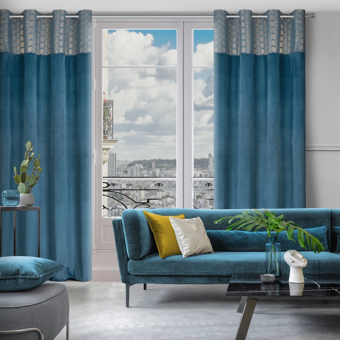 Záves 140x250 cm zamatový modrý šampanský na kovové krúžky ELEN