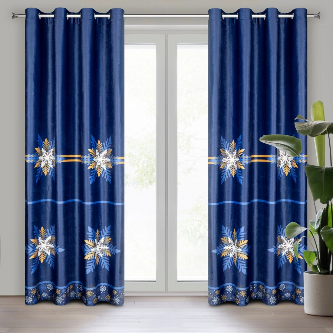 Záves 140x250 cm zamatový modrý zlatý na kovové krúžky CAROL