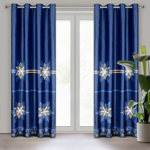 Záves 140x250 cm zamatový modrý zlatý na kovové krúžky CAROL