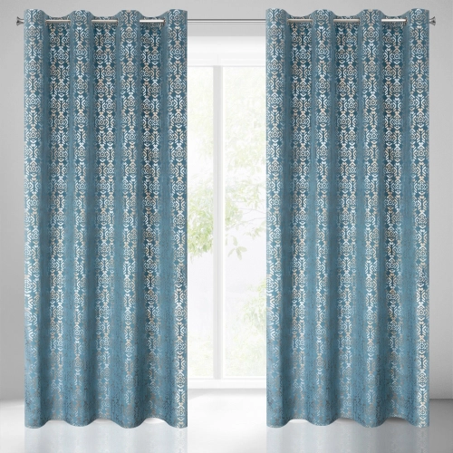 Záves 140x250 cm zamatový modrý, zlatý na kovové krúžky LAURA