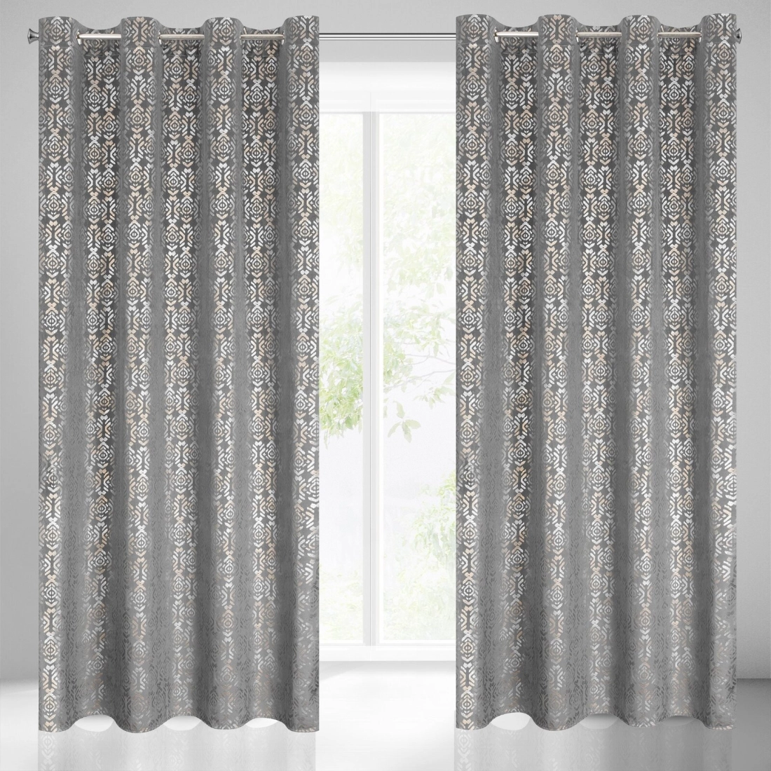 Záves 140x250 cm zamatový oceľový zlatý na kovové krúžky LAURA