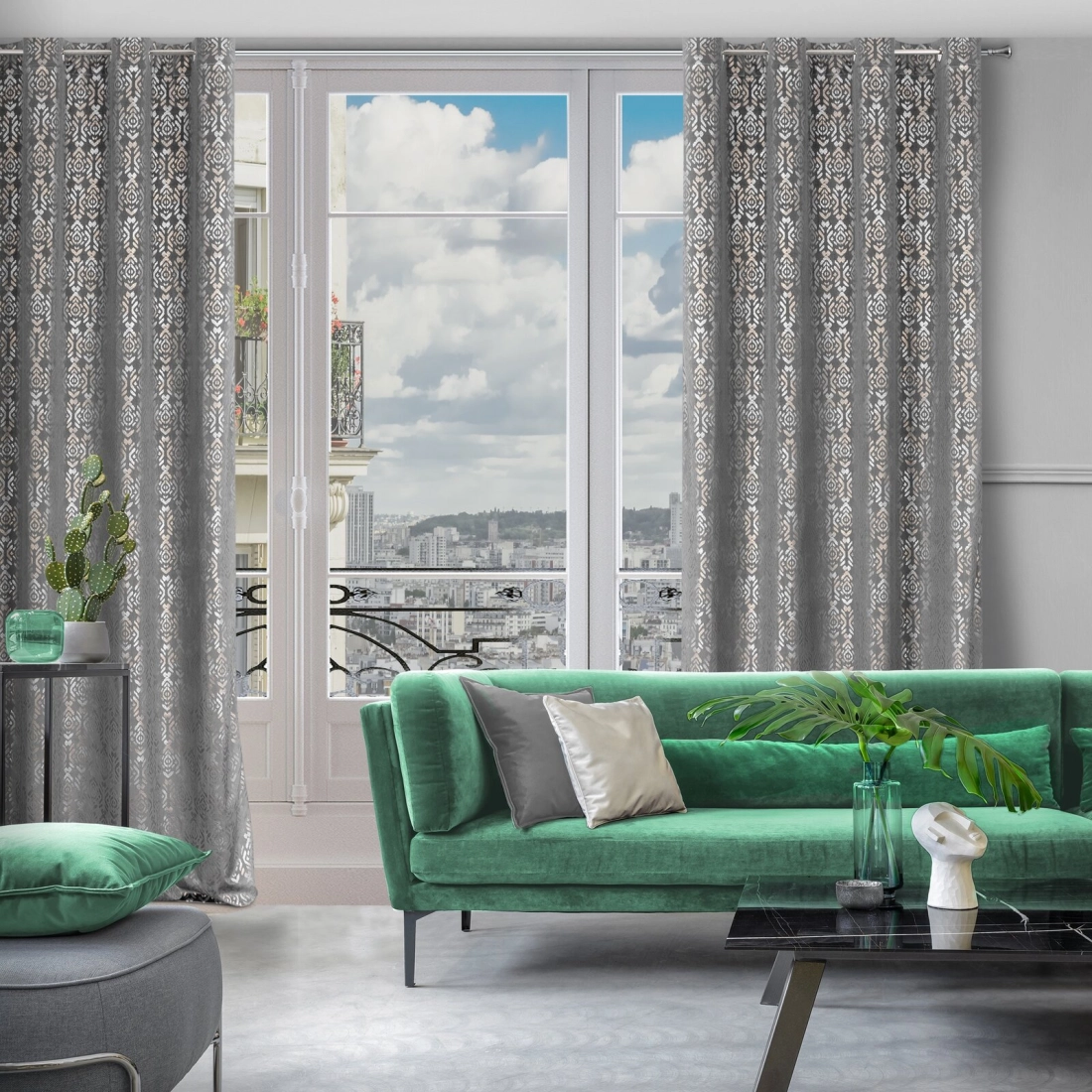 Záves 140x250 cm zamatový oceľový zlatý na kovové krúžky LAURA