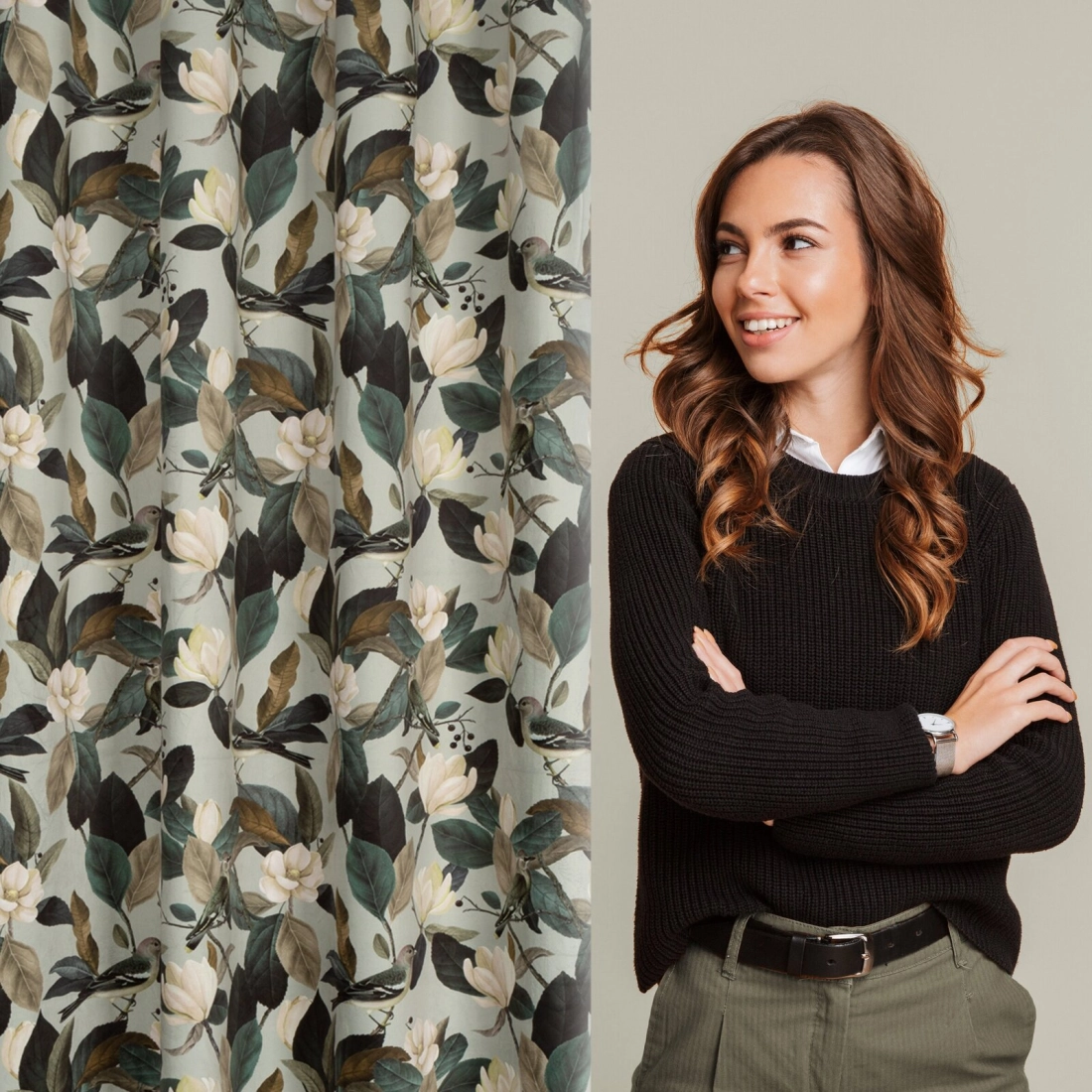 Záves 140x250 cm zamatový olivový, krémový na kovové krúžky ELENI