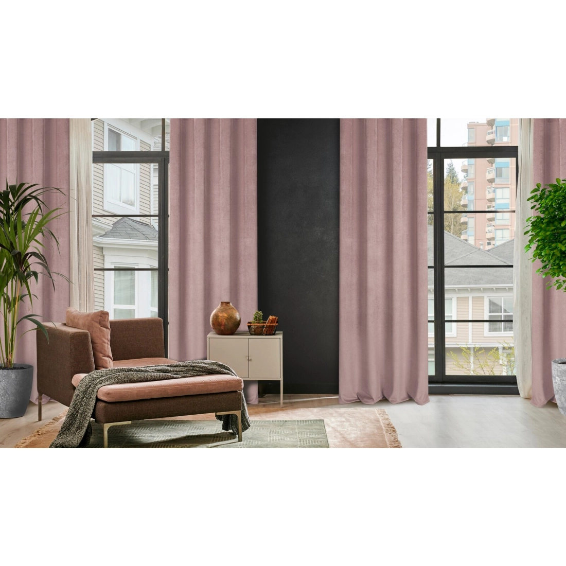 Závěs 140 x 250 cm sametový pudrově růžový na kovových kroužcích ELIZA