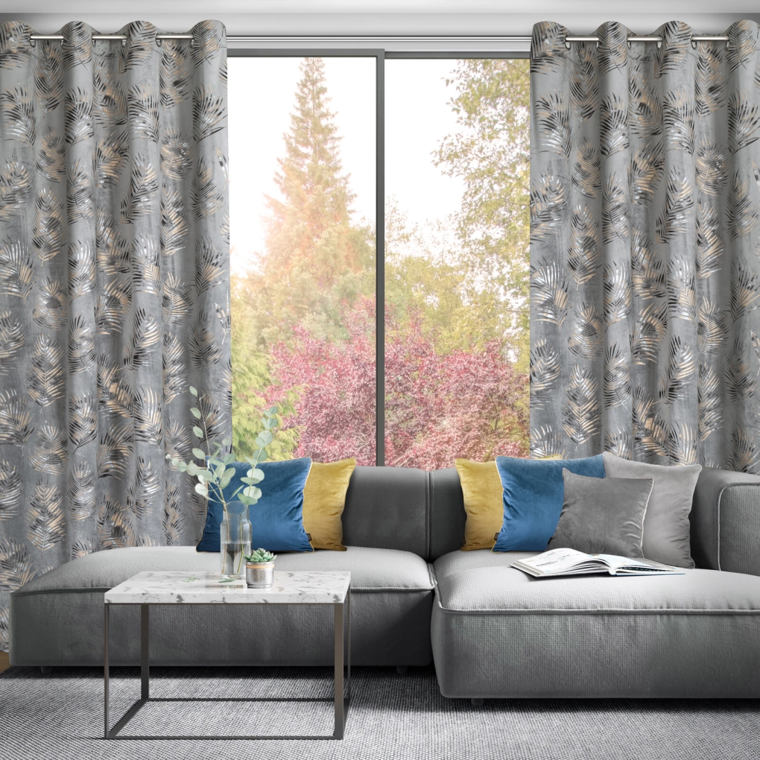 Záves 140x250 cm zamatový sivý a šampanský na kovové krúžky GLORIA