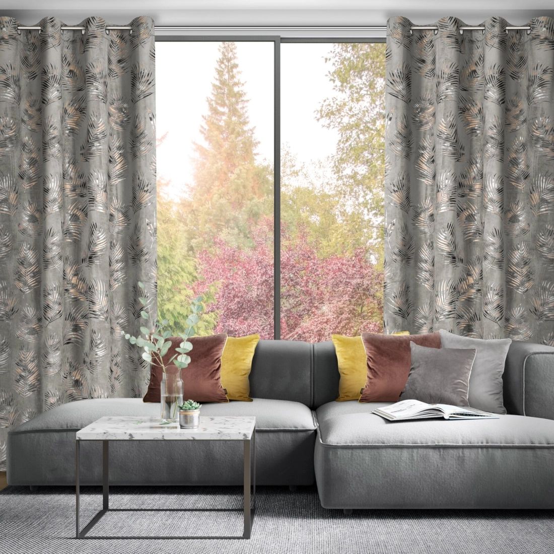 Záves 140x250 cm zamatový sivý a šampanský na kovové krúžky GLORIA