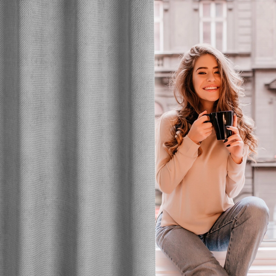 Závěs 140 x 250 cm sametový šedý na kovových kroužcích ELIZA