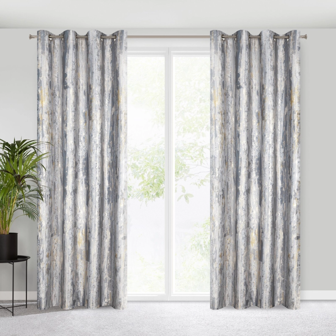 Záves 140x250 cm zamatový sivý so zlatou potlačou na kovové krúžky GRACE