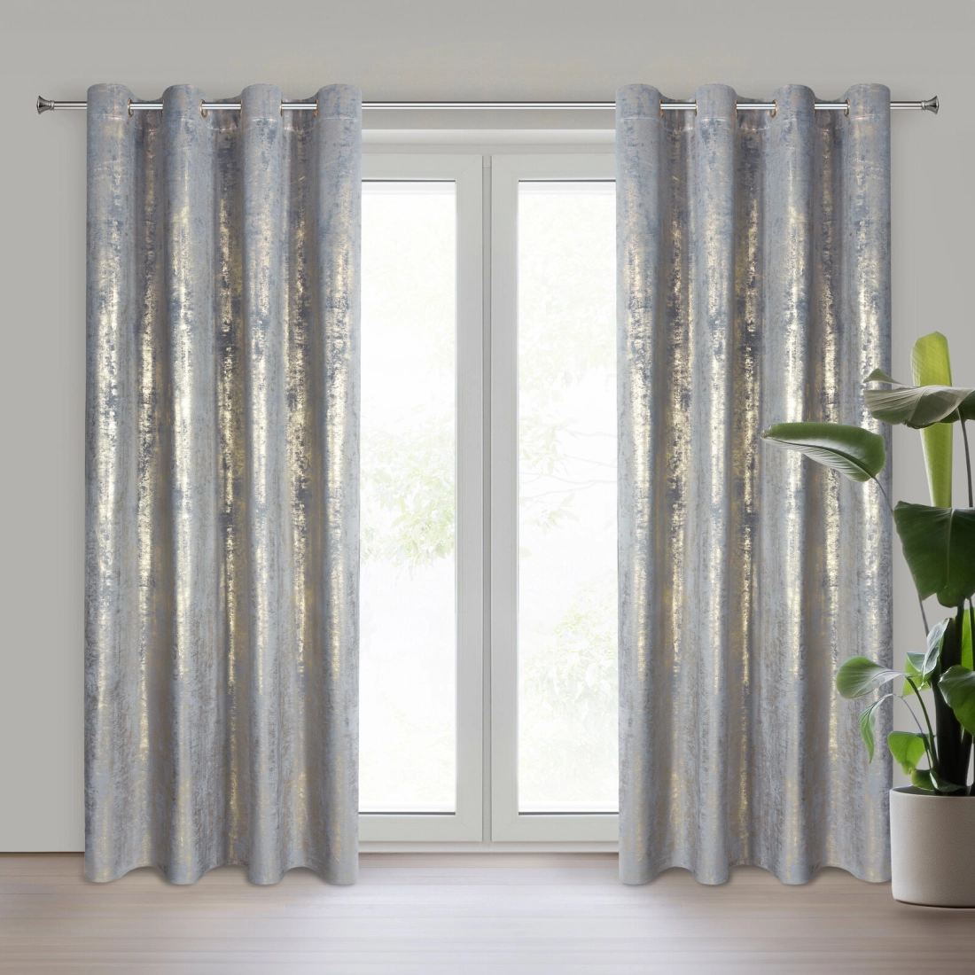 Záclona 140x250 cm sametová stříbrno-zlatá na kovové kroužky RENIA