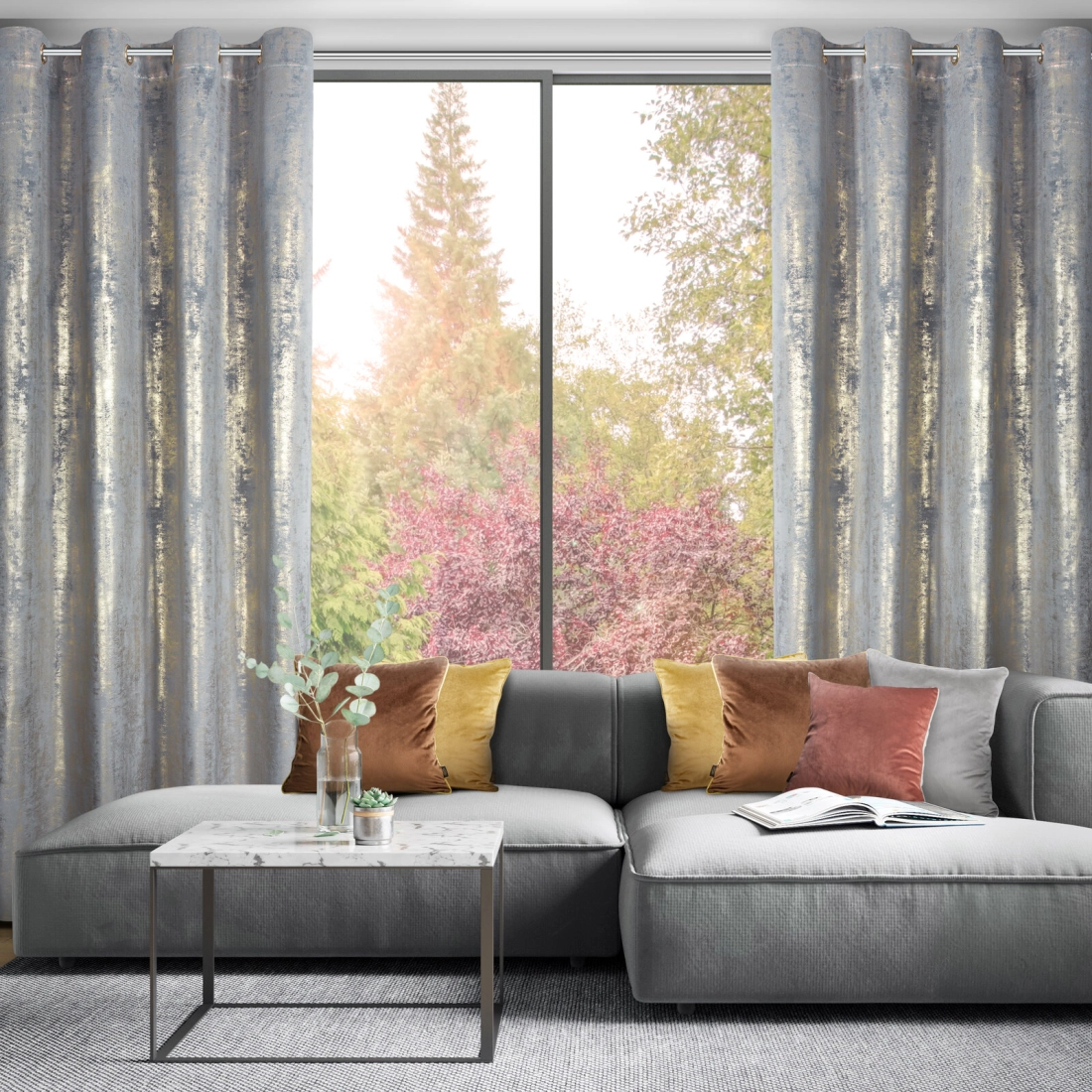 Záclona 140x250 cm sametová stříbrno-zlatá na kovové kroužky RENIA