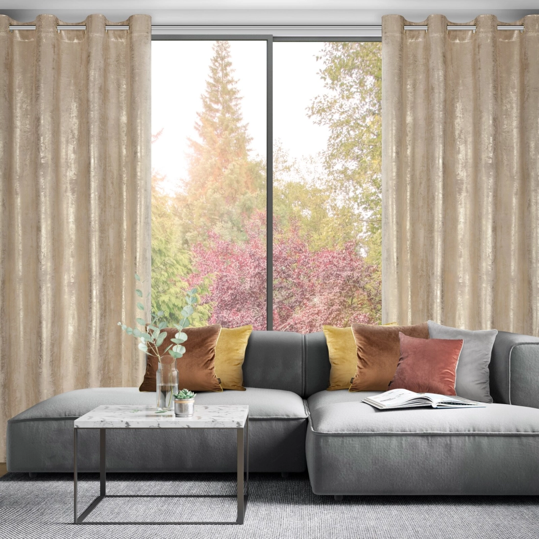 Sametový závěs 140x250 cm světle béžový zlatý na kovových kroužcích RENIA