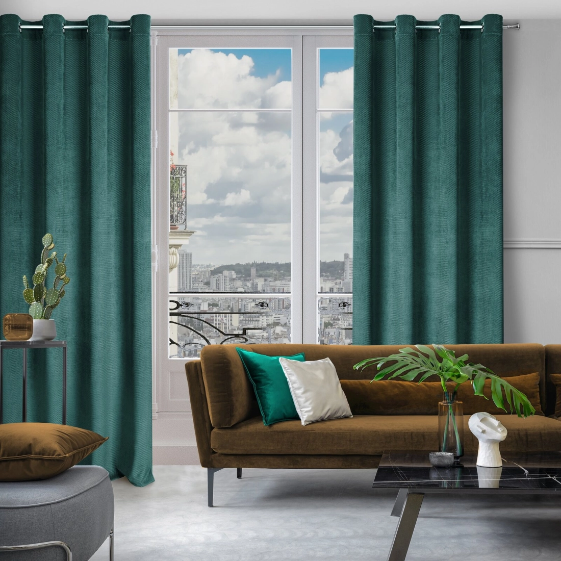 Sametový závěs 140 x 250 cm tmavě mátový s kovovými kroužky ELIZA