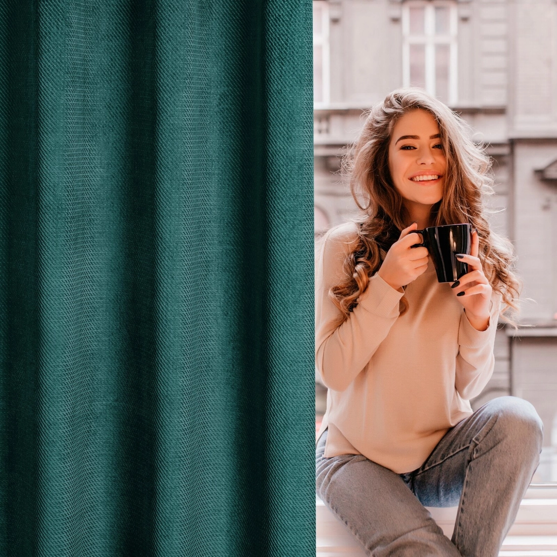 Sametový závěs 140 x 250 cm tmavě mátový s kovovými kroužky ELIZA