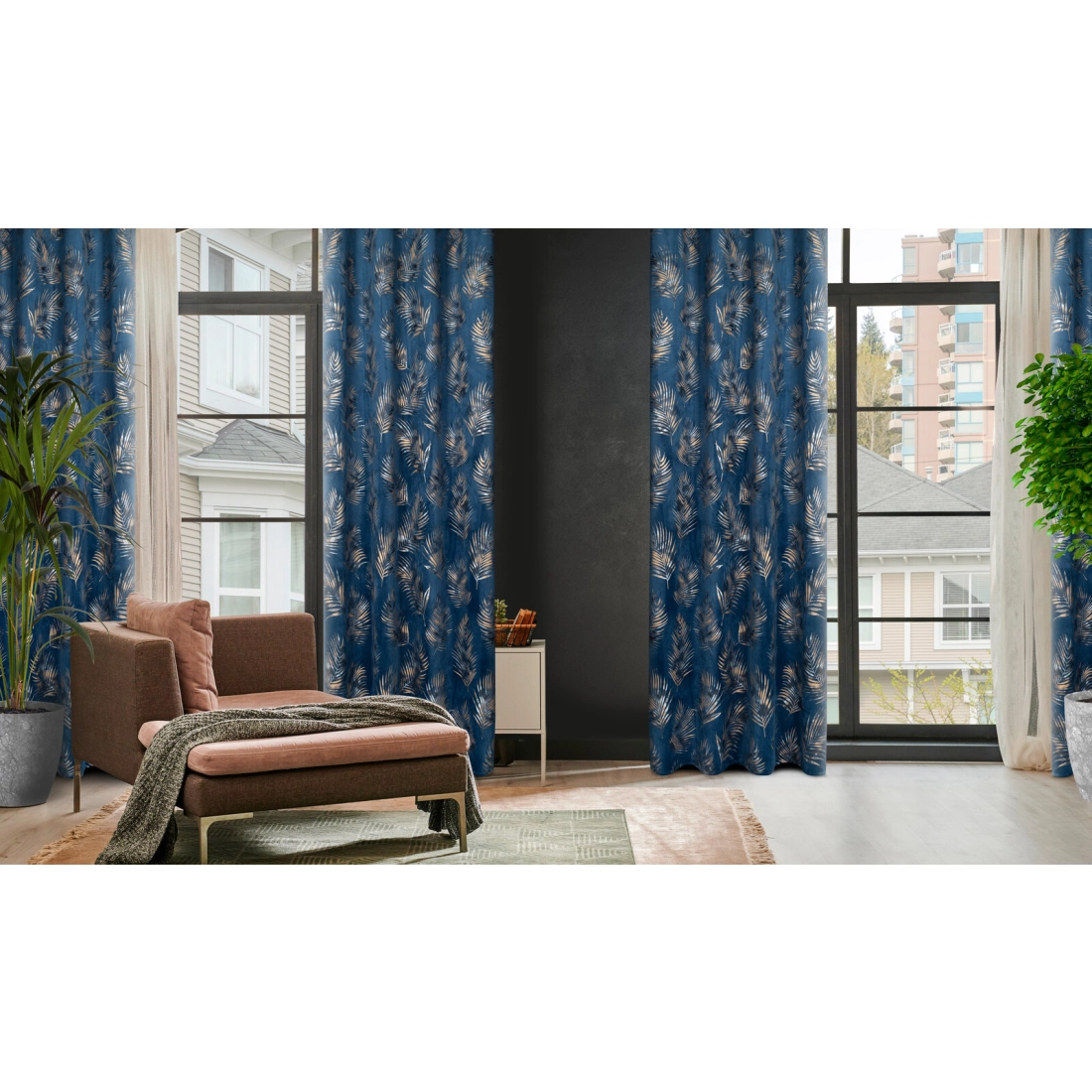 Záves 140x250 cm zamatový tmavomodrý a šampanský na kovové krúžky GLORIA