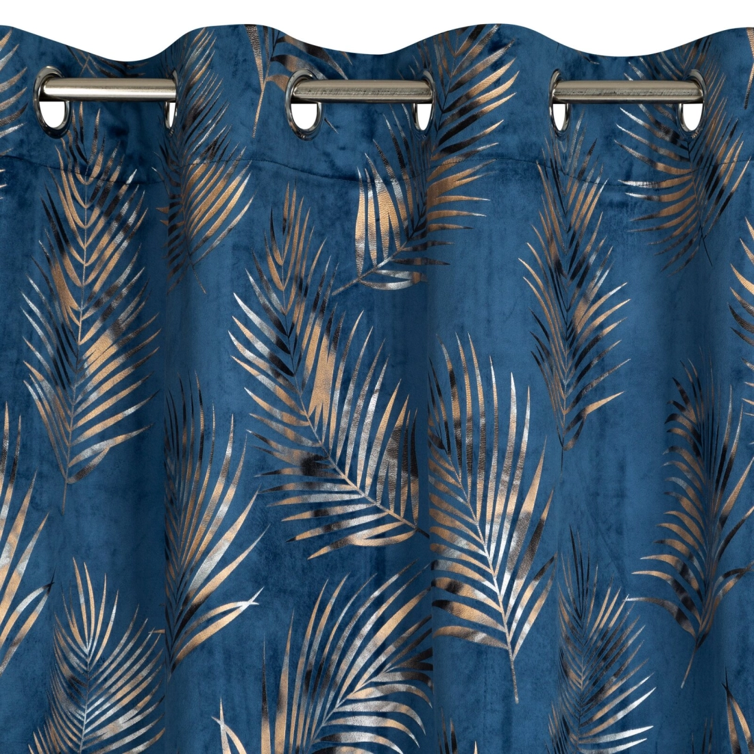 Záves 140x250 cm zamatový tmavomodrý a šampanský na kovové krúžky GLORIA