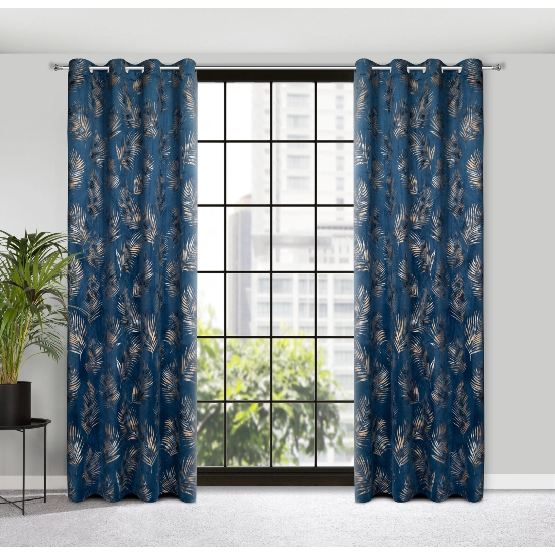 Záves 140x250 cm zamatový tmavomodrý šampanský na kovové krúžky GLORIA 2