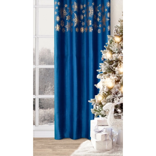 Záves 140x250 cm zamatový tmavomodrý so zlatými snehovými vločkami na kovové krúžky ASTRA