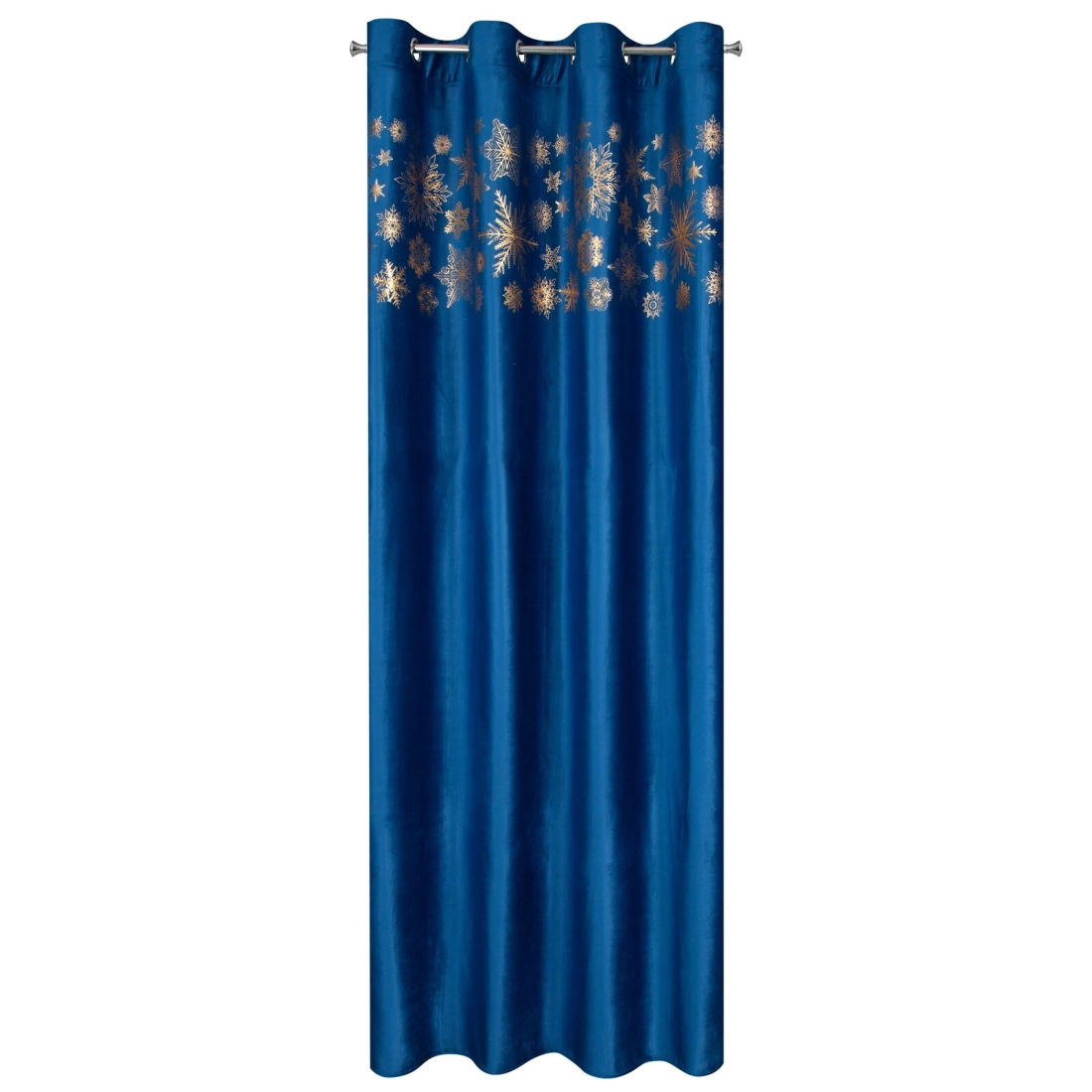 Záves 140x250 cm zamatový tmavomodrý so zlatými snehovými vločkami na kovové krúžky ASTRA
