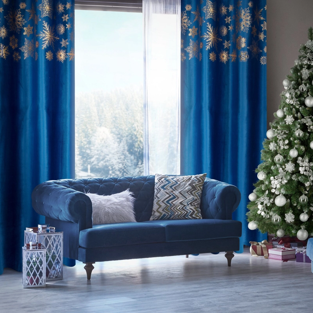 Záves 140x250 cm zamatový tmavomodrý so zlatými snehovými vločkami na kovové krúžky ASTRA