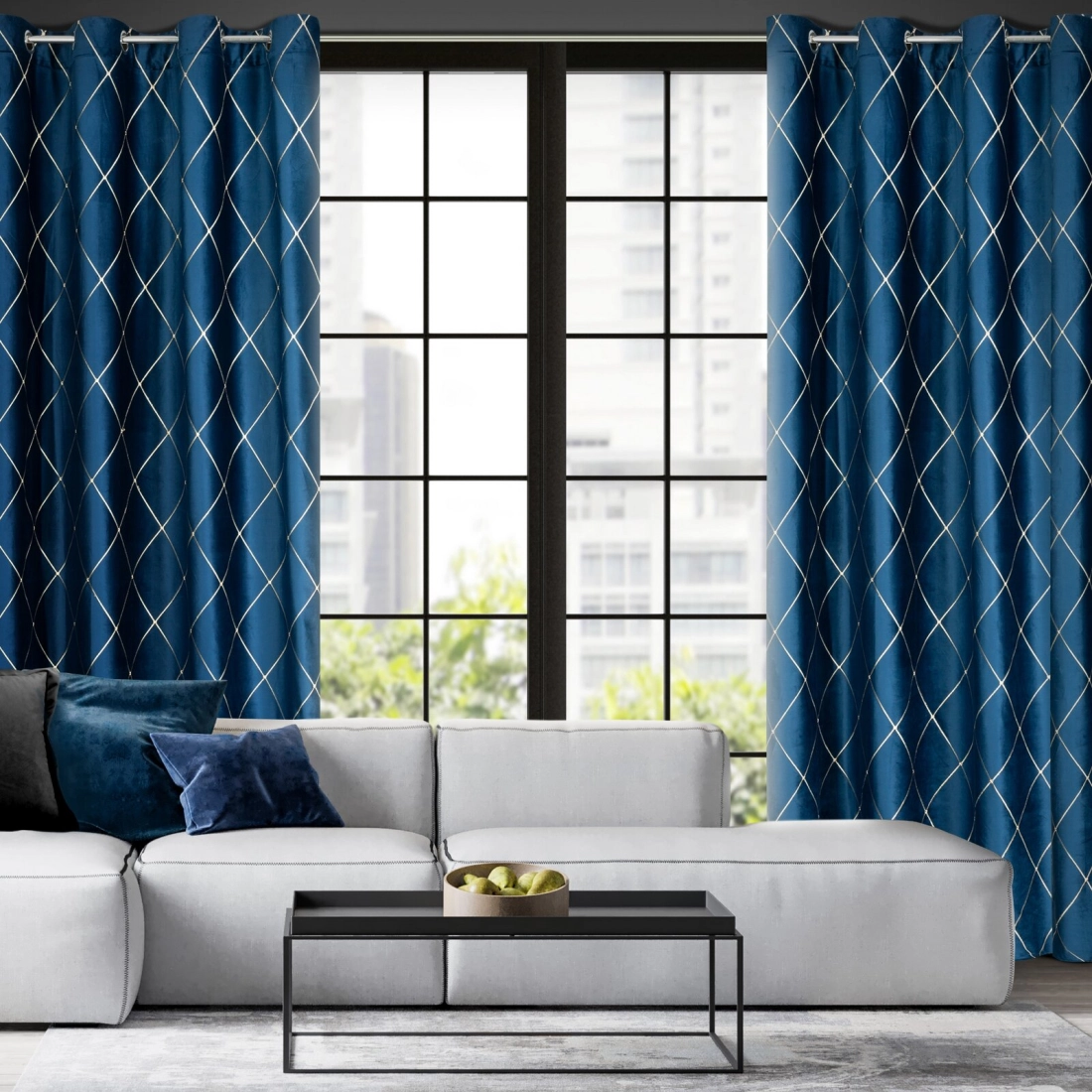 Záves 140x250 cm zamatový tmavomodrý zlatý na kovové krúžky MARGO Pierre Cardin