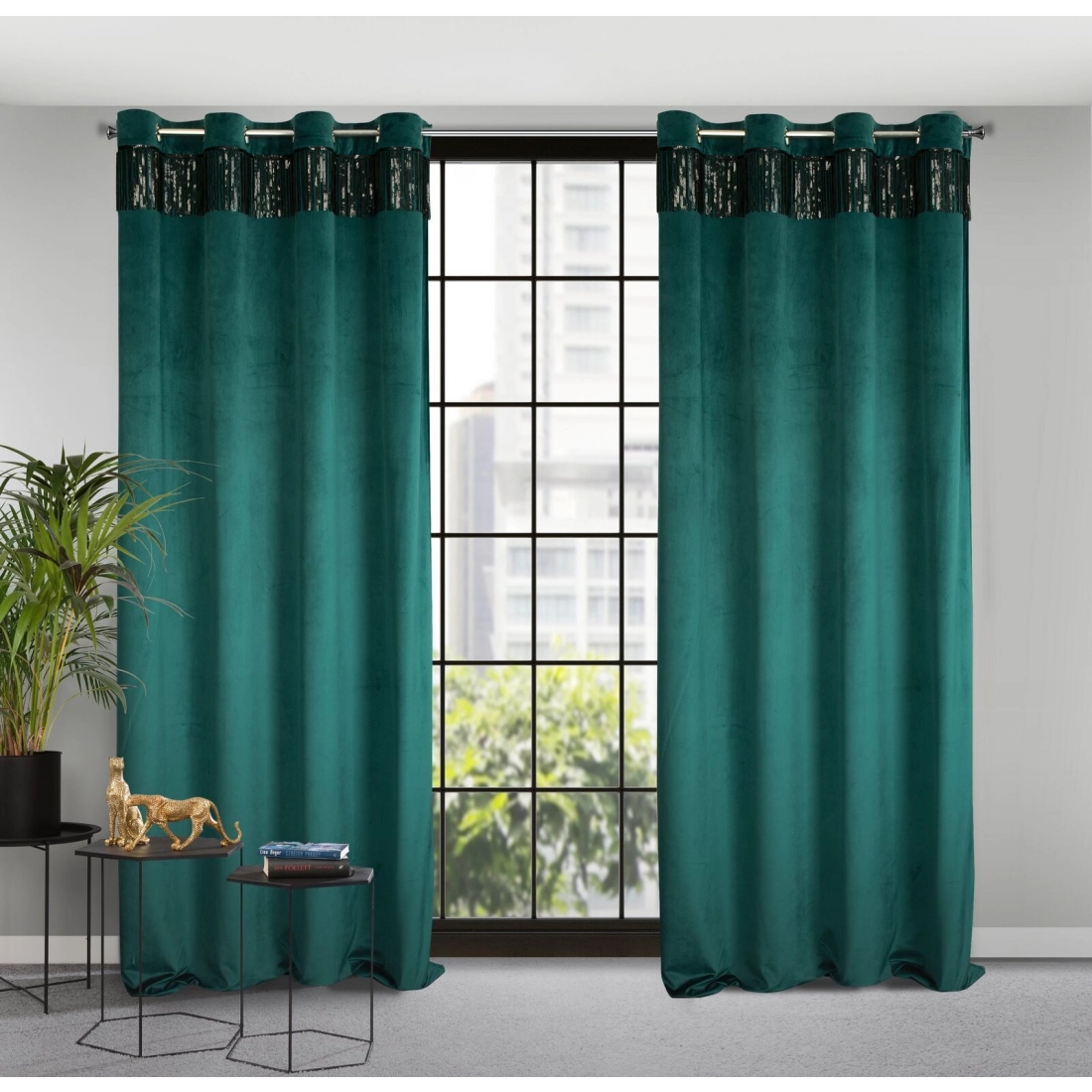 Záves 140x250 cm zamatový tmavotyrkysový, čierny na kovové krúžky JASPER